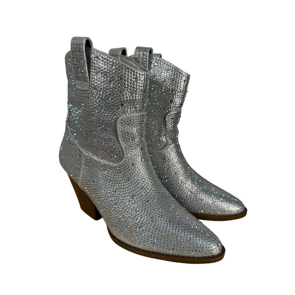 Rhinestone Cowboy Boots Silver Western Ankle‎ Boots Sparkle Cowgirl Glam Size 8